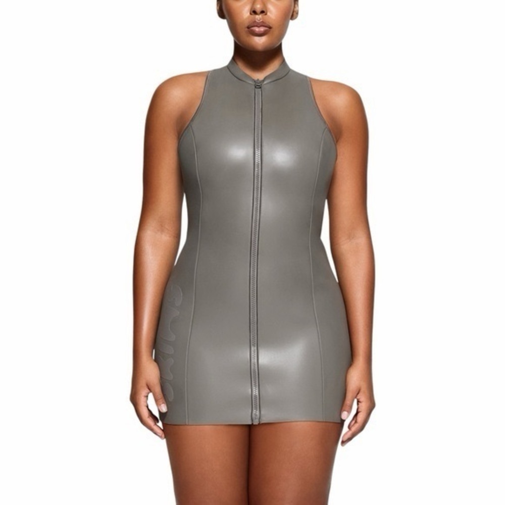 Skims Rubberized Scuba Swim Mock Neck Dress Gray Chalk